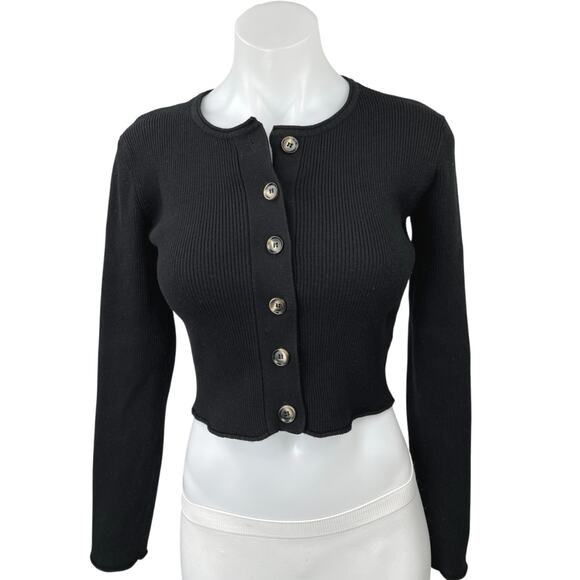 MOD REF Black Ribbed Knit Button Down Cropped Cardigan Sweater Top Size S - Picture 1 of 5